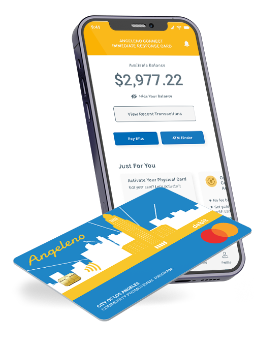 Smartphone displays a bank app with a balance of $2,977.22. Below, a debit card featuring a city skyline and the word Angeleno is shown.