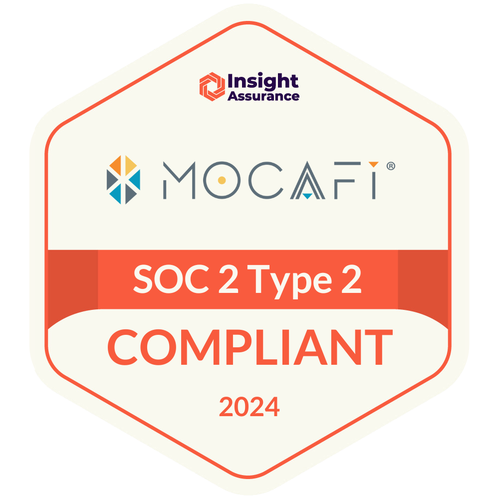 Hexagonal badge with Mocafi and Insight Assurance logos, text stating SOC 2 Type 2 Compliant 2024 on a red and white background.