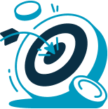 A stylized blue and white target with an arrow hitting the bullseye, surrounded by two coins and motion lines. A stylized blue and white target with an arrow hitting the bullseye, surrounded by two coins and motion lines.