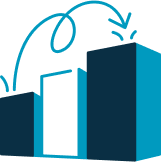 Three rectangular bars of varying heights with an arrow looping from the shortest to the tallest bar, indicating progression or growth. Three rectangular bars of varying heights with an arrow looping from the shortest to the tallest bar, indicating progression or growth.