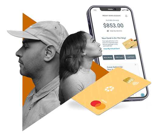 A man and woman in grayscale with orange accents, a smartphone displaying a bank account balance, and a contactless credit card in the foreground. A man and woman in grayscale with orange accents, a smartphone displaying a bank account balance, and a contactless credit card in the foreground.