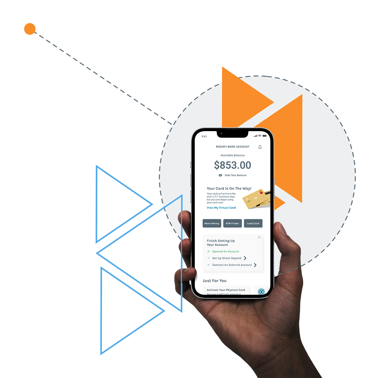 A hand holds a smartphone displaying a banking app with a balance of $853.00. Geometric shapes and lines are in the background. A hand holds a smartphone displaying a banking app with a balance of $853.00. Geometric shapes and lines are in the background.