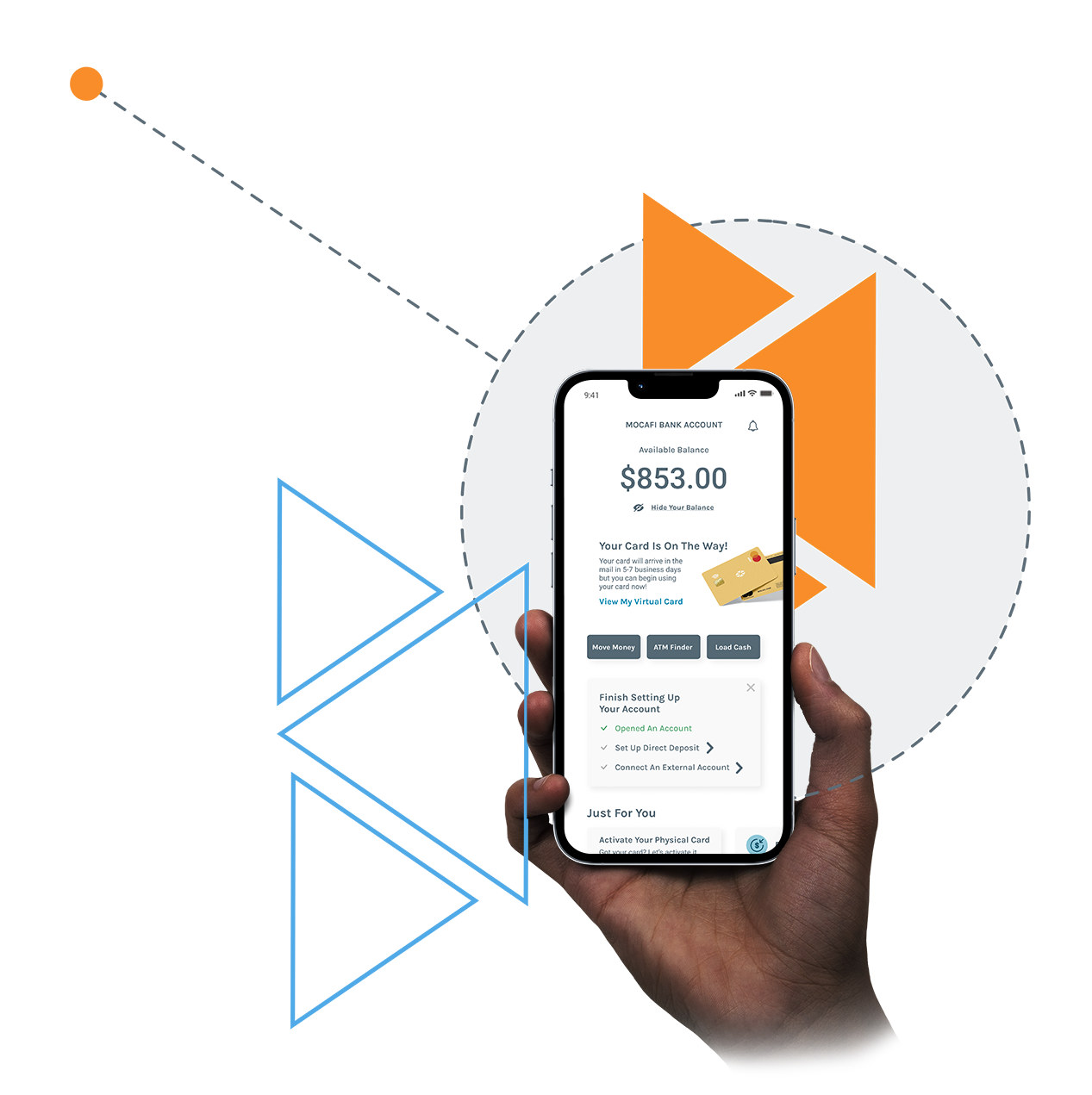 A hand holds a smartphone displaying a banking app with account balance, card activation options, and geometric shapes in the background. A hand holds a smartphone displaying a banking app with account balance, card activation options, and geometric shapes in the background.