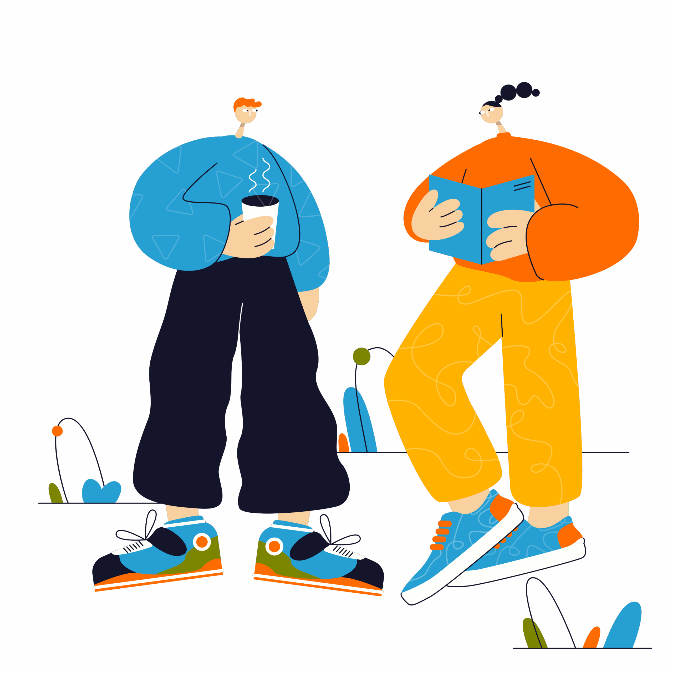Two cartoon-style people stand on a red background; one holds a phone, the other holds an open book. Both wear colorful shoes and casual clothes. Simple plants are in the background.
