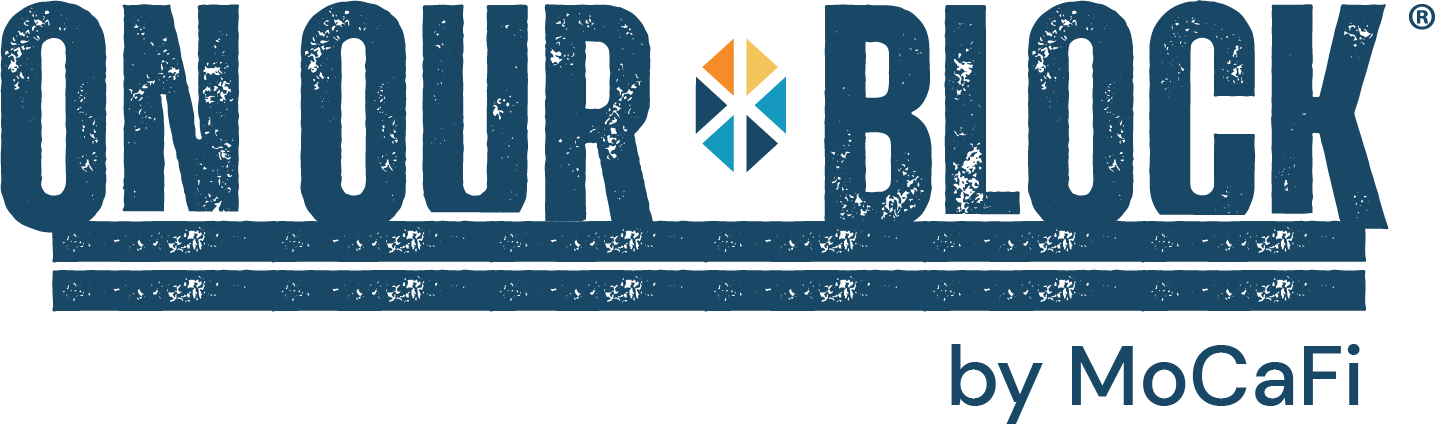 ON OUR BLOCK logo with a geometric diamond shape in place of the letter O in BLOCK, and by MoCaFi written underneath. ON OUR BLOCK logo with a geometric diamond shape in place of the letter O in BLOCK, and by MoCaFi written underneath.